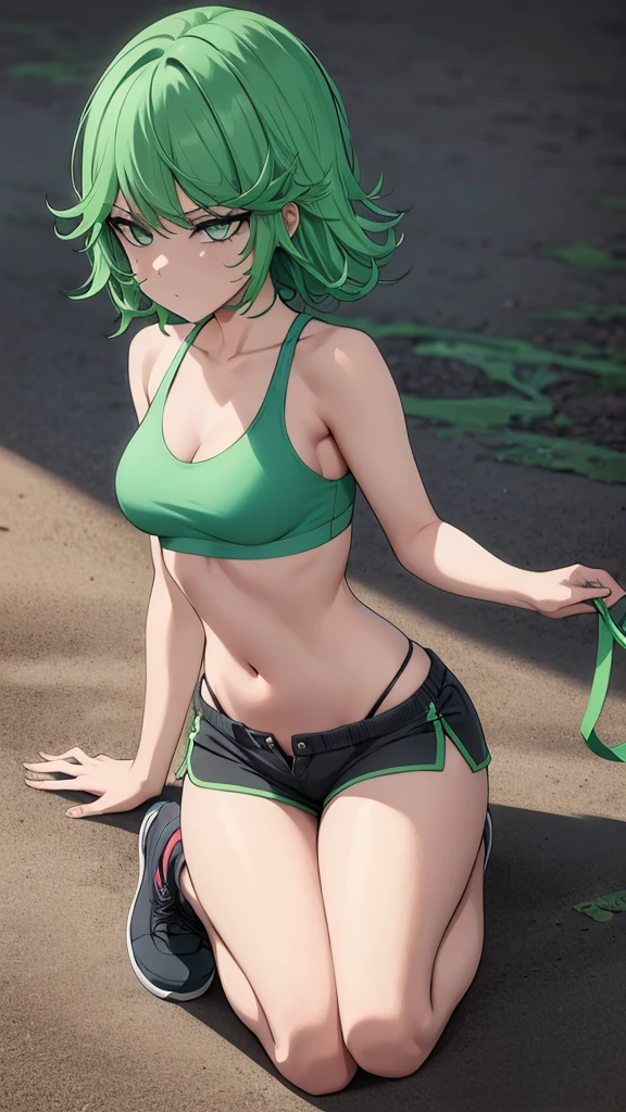 green hair,green eyes,crawl,kneel,(leash) in green dolphin shorts and a green sports bra