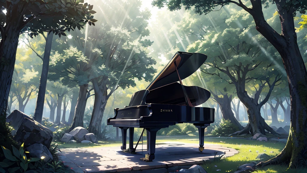 A grand piano placed in front of a large tree、The sunlight filtering through the trees sparkles、Soft Light、There is no one、Only one grand piano、Shinkai Seikaze illustration、A 1000-year-old tree