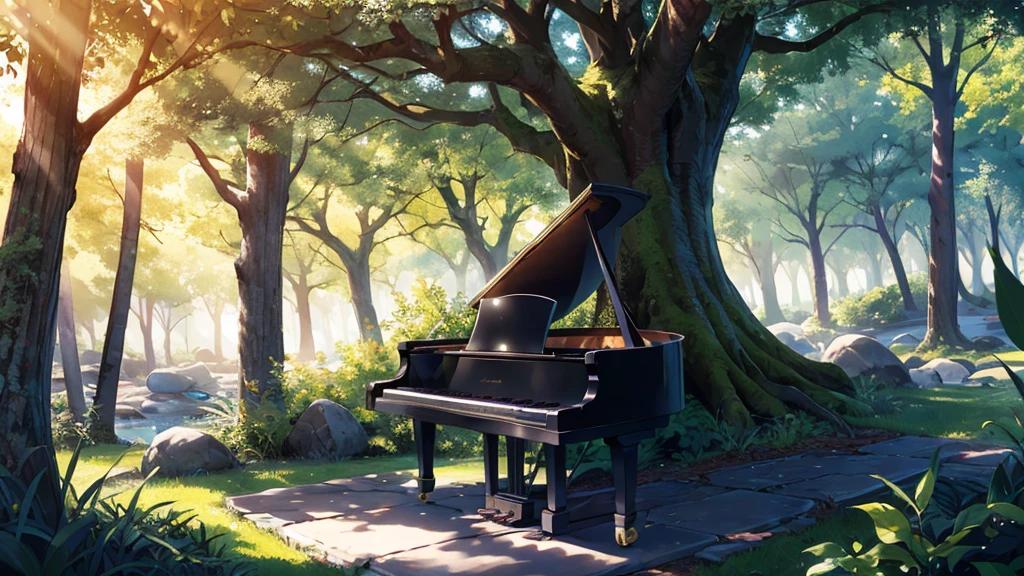 A grand piano placed in front of a large tree、The sunlight filtering through the trees sparkles、Soft Light、There is no one、Only one grand piano、Shinkai Seikaze illustration、A 1000-year-old tree