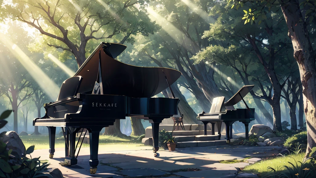 A grand piano placed in front of a large tree、The sunlight filtering through the trees sparkles、Soft Light、There is no one、Only one grand piano、Shinkai Seikaze illustration、A 1000-year-old tree
