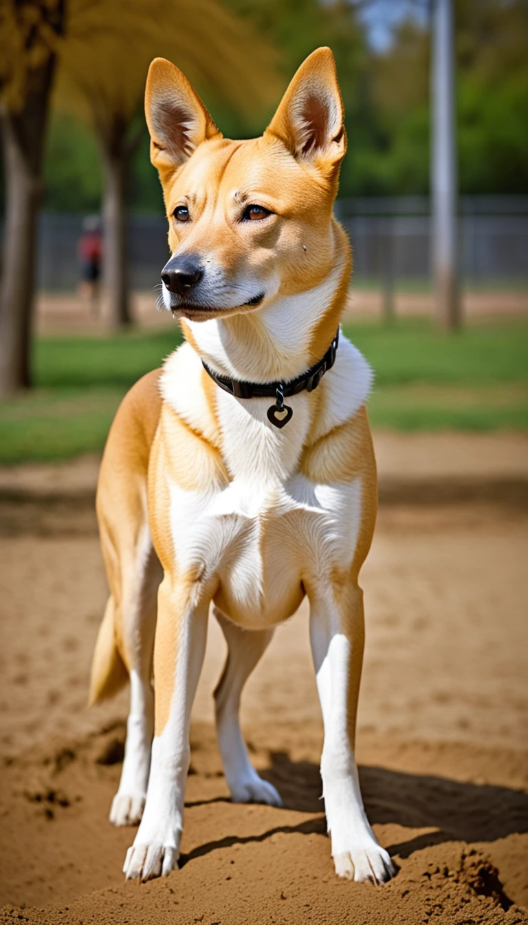 There is no one, realistic photo, photo realism, realism, castio(Carolina Dog), perfect composition, intricate details, Very sharp, masterpiece, profile, high resolution, looking at the viewer, Full body photo in the dog park