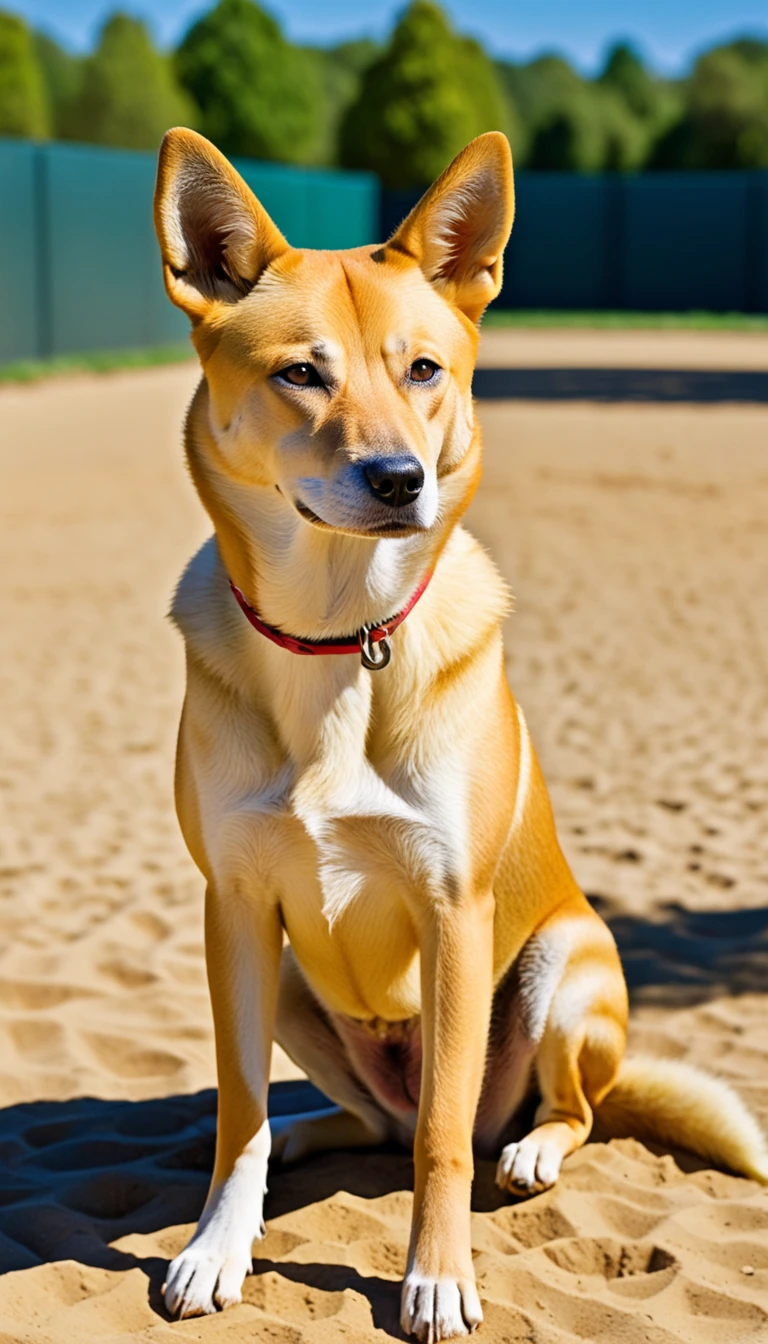 There is no one, realistic photo, photo realism, realism, castio(Carolina Dog), perfect composition, intricate details, Very sharp, masterpiece, profile, high resolution, looking at the viewer, Full body photo in the dog park