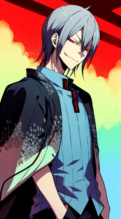 naoyadesu, Devil survivor, solo, masterpiece, best quality, looking at viewer, 1boy,  smirk, jacket, shirt,