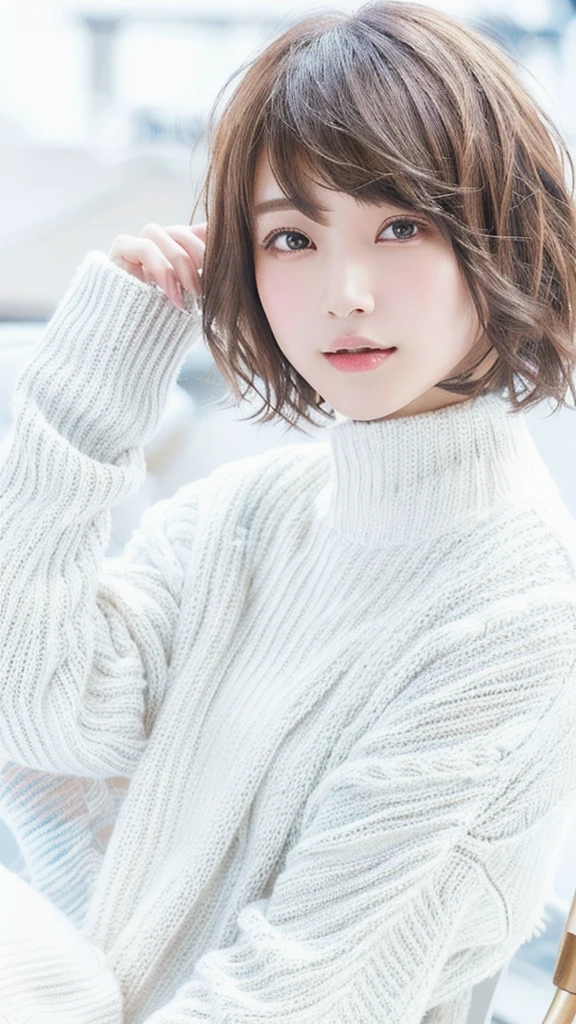 arafed woman sitting on a chair with a white sweater on, with short hair, with short hair with bangs, white hime cut hairstyle, short - medium length hair, sayori, chiho, medium short hair, shiori teshirogi, with a bob cut, rena nounen style 3/4, ayami kojima amano