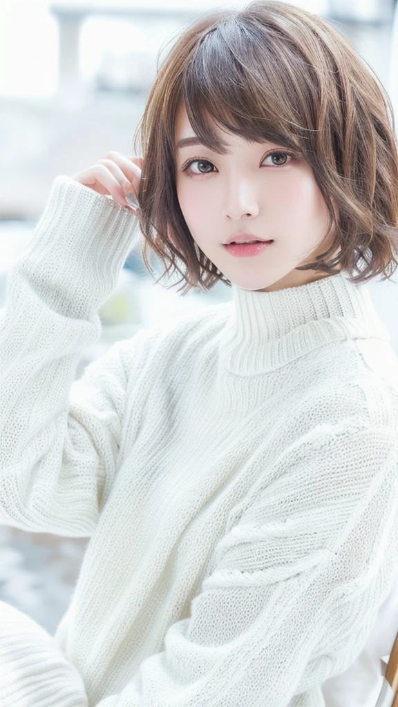 arafed woman sitting on a chair with a white sweater on, with short hair, with short hair with bangs, white hime cut hairstyle, short - medium length hair, sayori, chiho, medium short hair, shiori teshirogi, with a bob cut, rena nounen style 3/4, ayami kojima amano