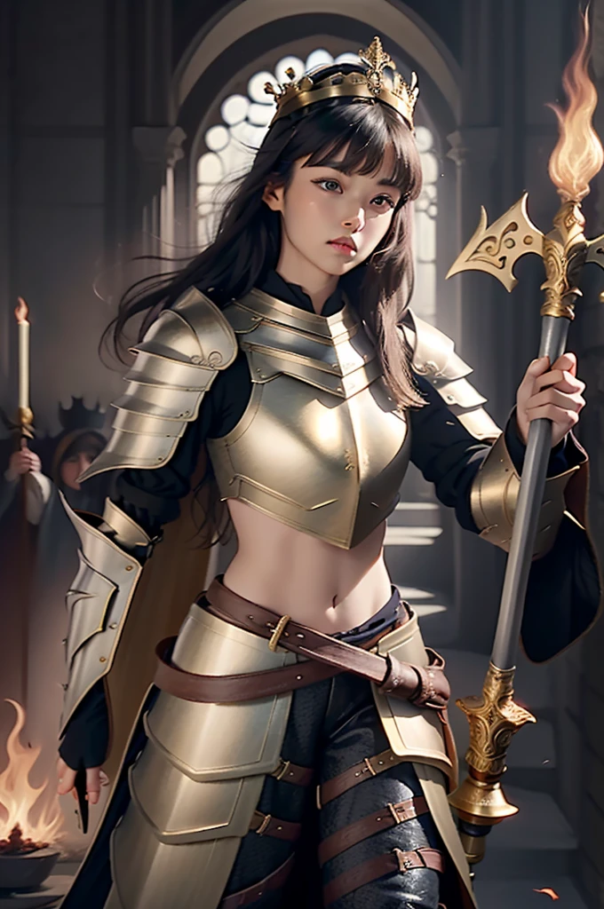 (light black woman) (straight and long hair) (with eyebrow-length bangs) (violet eye) (with a golden armor) (a flaming sword in his right hand and one with a staff in his left) (a crown on the head) (white wings)