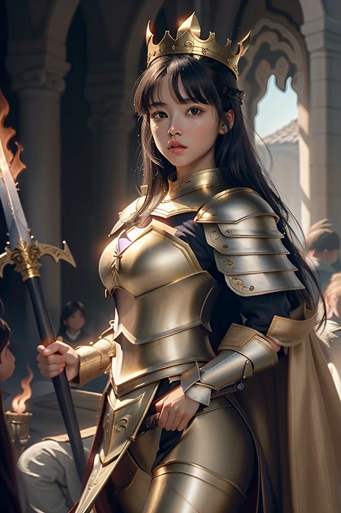 (light black woman) (straight and long hair) (with eyebrow-length bangs) (violet eye) (with a golden armor) (a flaming sword in his right hand and one with a staff in his left) (a crown on the head) (white wings)