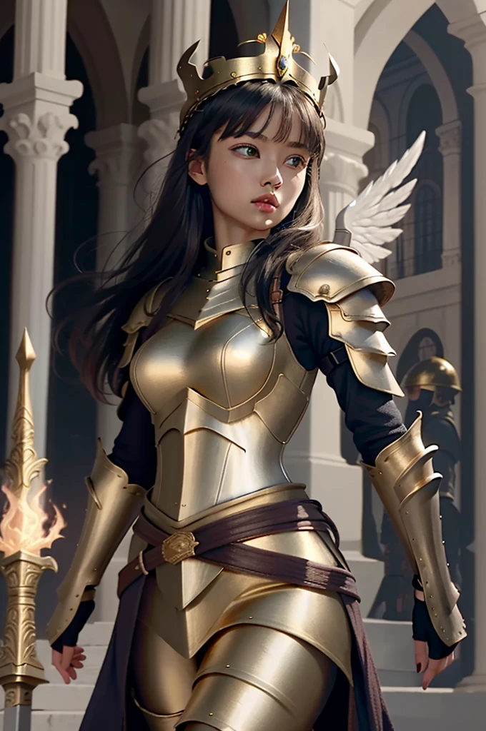 (light black woman) (straight and long hair) (with eyebrow-length bangs) (violet eye) (with a golden armor) (a flaming sword in his right hand and one with a staff in his left) (a crown on the head) (white wings)