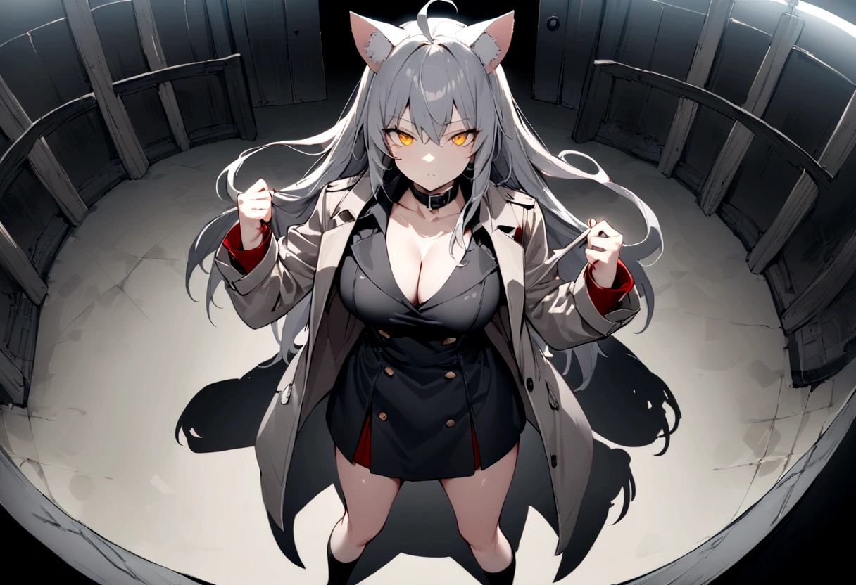 Pitch-dark room、Dark Room、conference room、(masterpiece, best quality:1.2), 1girl, 独奏,Black military uniform、Gray cat ears、Point your gun at us、Grey long hair、Ahoge、Yellow Eyes、Grey trench coat、Gray cat ears、I took off my hoodie and put it on my shoulder、Ready your gun?、sniper rifle、Background of military bases、Fisheye Lens、battlefield、Shadows of light and darkness、Expressionless、Grim face、battle、Gray trench coat、Black knee socks、Cleavage、Black collar,