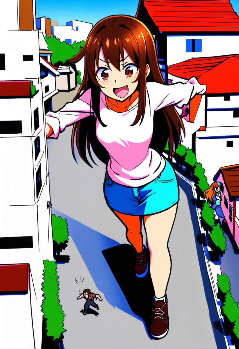 young giantess, one foot up, laughing, long brown hair and brown eyes, casual clothes, standing in a town, there are small  houses around her, shes crushing the small houses, she having fun