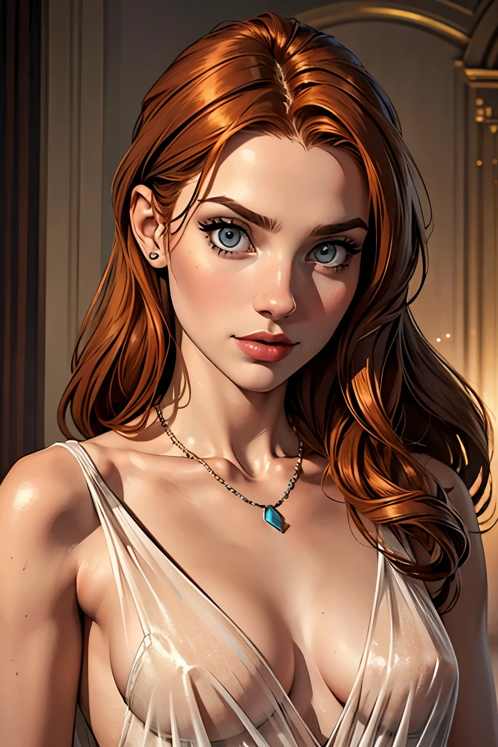 best qualityer, work of art, (realisitic: 1.2), 1 girl, slender girl, ginger hair, eyes browns, 3/4 view, face detailed, gorgeous eyes, eyes gray, eyes large, breasts small, necklace, see through gown