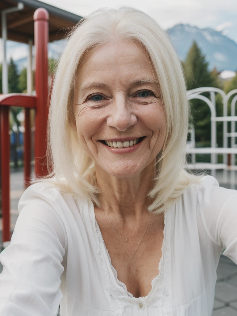 A realistic, photorealistic image of Felicidad, (an 80-year-old Finnish woman), (((white blonde and medium length hair))), smiling and seducing, ((taking a selfie outside a playground in Switzerland)), (((round face))), (medium straight hair), ((wearing blouse)), ((visible breastbones)), (((slim))), ((thin hairline))