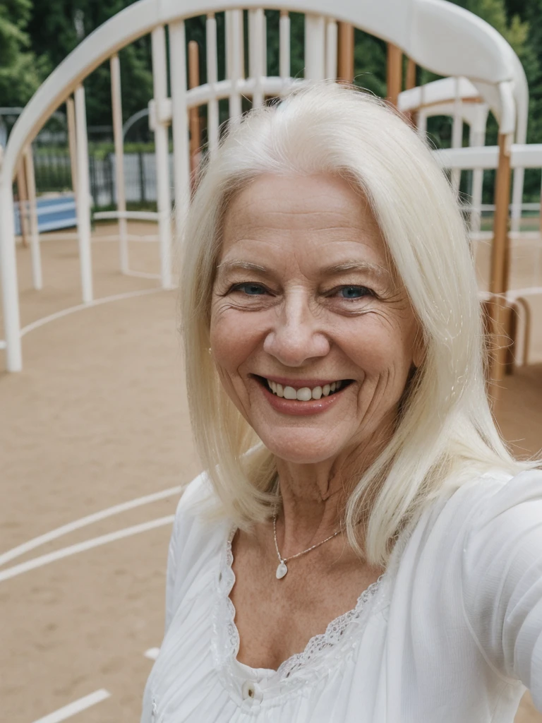 A realistic, photorealistic image of Felicidad, (an 80-year-old Finnish woman), (((white blonde and medium length hair))), smiling and seducing, ((taking a selfie outside a playground in Switzerland)), (((round face))), (medium straight hair), ((wearing blouse)), ((visible breastbones)), (((slim))), ((thin hairline))
