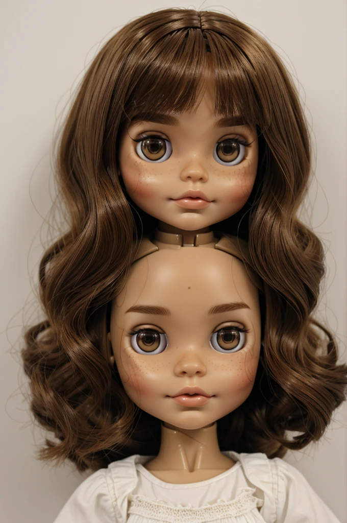 medium light skin blythe doll, brunette with freckles and light brown eyes