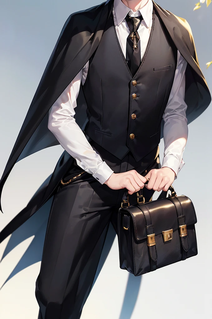 (masterpiece; best quality: 1.2), (finely detailed eyes: 1.3), ((1 male little boy)), ((solo)), (yellow eyes: 1.4), (body; short, slender: 1.3), (short white hair: 1.3), (beautiful and clear background: 1.2), ((depth of field)), (clothes: black vest + white shirt + black pants + black cape + black-and-gold necktie + traveler satchel and pouches: 1.3), (anime illustration: 1.2), (background; garden exterior: 1.1), (extremely fine and handsome: 1.1), (shot composition; standing + centered on torso + close-up: 1.5), (expression; calm, stoic: 1.2)