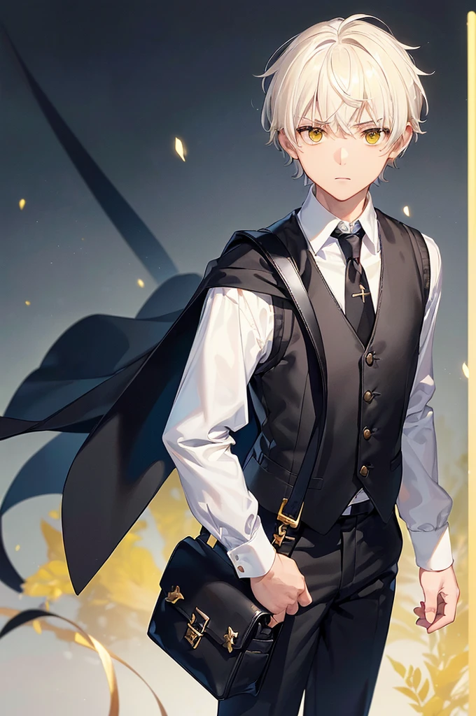 (masterpiece; best quality: 1.2), (finely detailed eyes: 1.3), ((1 male little boy)), ((solo)), (yellow eyes: 1.4), (body; short, slender: 1.3), (short white hair: 1.3), (beautiful and clear background: 1.2), ((depth of field)), (clothes: black vest + white shirt + black pants + black cape + black-and-gold necktie + traveler satchel and pouches: 1.3), (anime illustration: 1.2), (background; garden exterior: 1.1), (extremely fine and handsome: 1.1), (shot composition; standing + centered on torso + close-up: 1.5), (expression; calm, stoic: 1.2)
