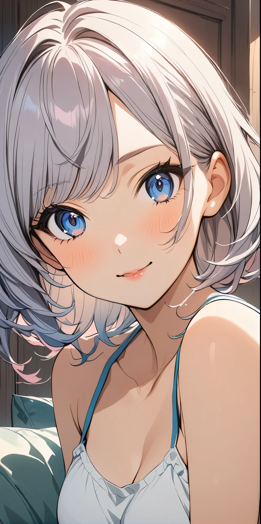 female,silver hair,blue eyes,short camisole,crop shirt,Off shoulders,white,Art, anime,illustration