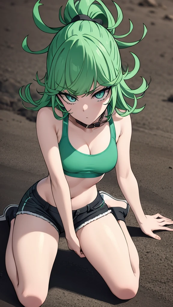 green hair,green eyes,crawl,kneel,(leash) in tight green dolphin shorts and a green sports bra