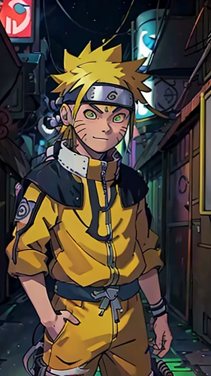 best quality,masterpiece,1boy,solo,(((13years old))),japanese boy,an extremely cute and handsome boy,highly detailed beautiful face and eyes,petit,cute face,lovely face,baby face,shy smile,show teeth, Yellow hair,flat chest,skinny,slender,(((Wearing a Uzumaki Naruto costume))),(((standing in Dark Midnight Neon Glow light Cyberpunk Konoha Village))),he is looking at the viewer,