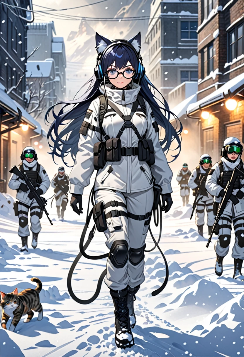 8K Ultra High-Quality, ultra-detailed, High quality, Dark Blue hair, Long hair, Headset, Goggles, cat girl, white Tactical clothes, winter Military clothes, body harness, Looking at viewer, choker, glasses, full body, Blizzard background, soldiers in the background