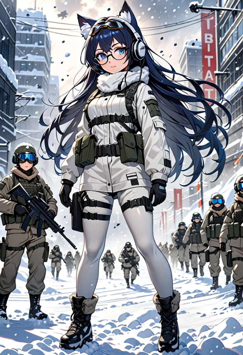 8K Ultra High-Quality, ultra-detailed, High quality, Dark Blue hair, Long hair, Headset, Goggles, cat girl, white Tactical clothes, winter Military clothes, body harness, Looking at viewer, choker, glasses, full body, Blizzard background, soldiers in the background