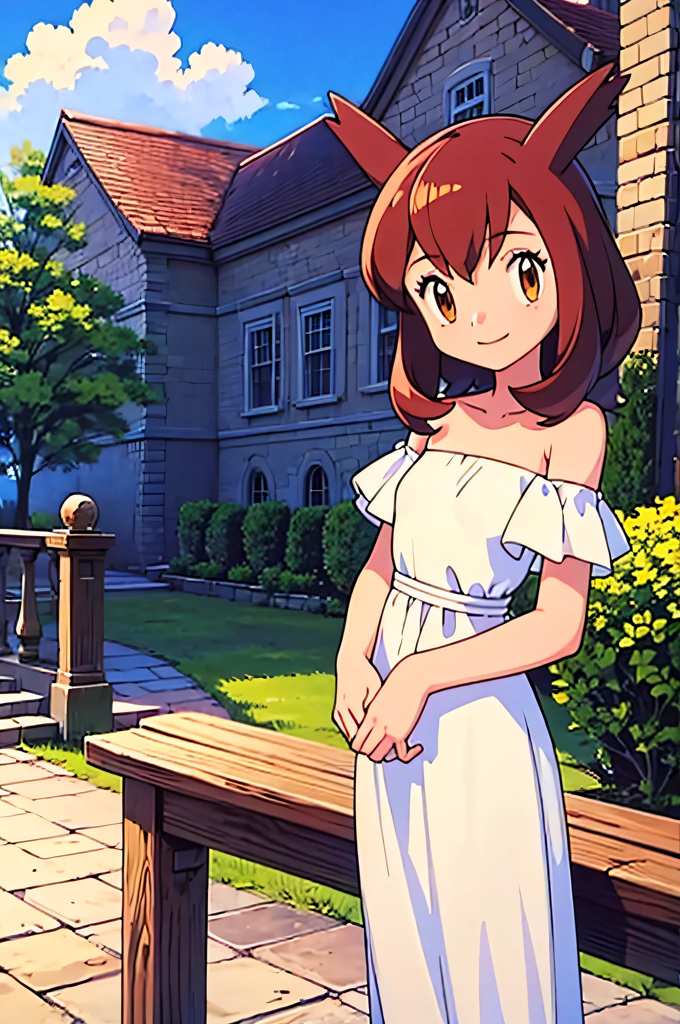 masterpiece, best quality, highres, outdoors, small breasts, 1 girl, Solo, Pokemon Heroes (Bianca), Brown Eyes, Beautiful Detail Eyes, Brown Hair, hands are down, Smile, Bare Neck, Bare Shoulders, strapless, White Ruffle Off-the-Shoulder maxi dress. light smile, intricate details, sharp focus, high resolution, sunlight, standing on a railing, outside the Werribee Park Mansion, and a beautiful garden, cowboy shot, blue skies and clouds, cinema lighting