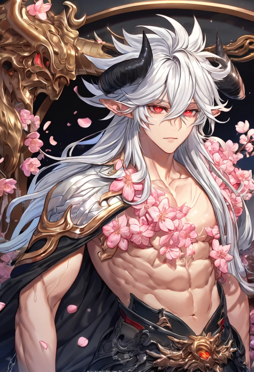 absurdres, highres, ultra detailed, HDR, master piece, best quality, Krozerus, white hair, spiked and messy hair, long hair, hair between the eyes, expressive red eyes, Dream and Legacy, solo, sexy man, handsome, demon, slightly pointed ears, black horns, black cape, bare chest, belt around his chest, fantasy, shining, pink flowers, blossoms, magical, pink petals
