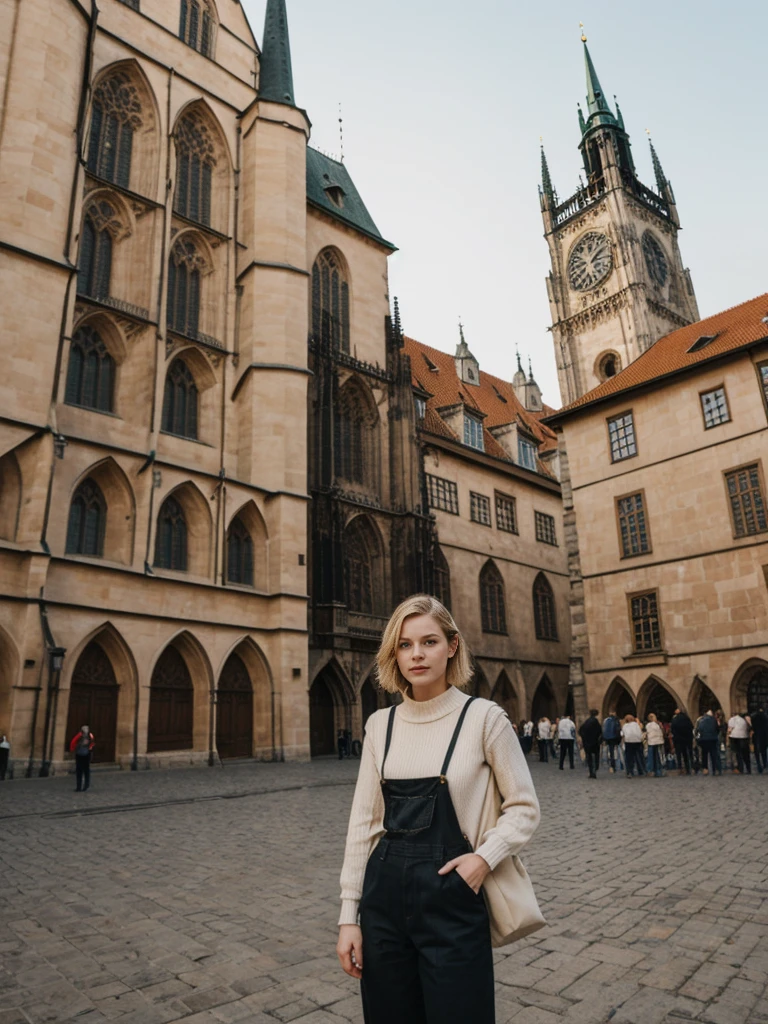 her name is Elle, high quality, 1girl, ((20-year-old fit Caucasian woman)), ((20 years old)), ((fit)), ((pale skin)), short bob blonde hair , wearing Cream Oversized Sweater Vest + High-Waisted Burgundy Plaid Culottes, pose: standing, background: Write about the magical view of Prague's Old Town Square at dusk, with its gothic spires, medieval astronomical clock, and the lively buzz of cafes and street performers.