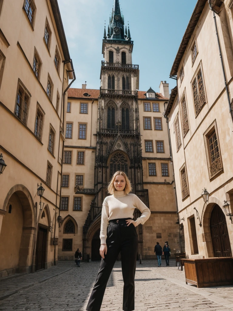 her name is Elle, high quality, 1girl, ((20-year-old fit Caucasian woman)), ((20 years old)), ((fit)), ((pale skin)), short bob blonde hair , wearing Cream Oversized Sweater Vest + High-Waisted Burgundy Plaid Culottes, pose: standing, background: Write about the magical view of Prague's Old Town Square at dusk, with its gothic spires, medieval astronomical clock, and the lively buzz of cafes and street performers.
