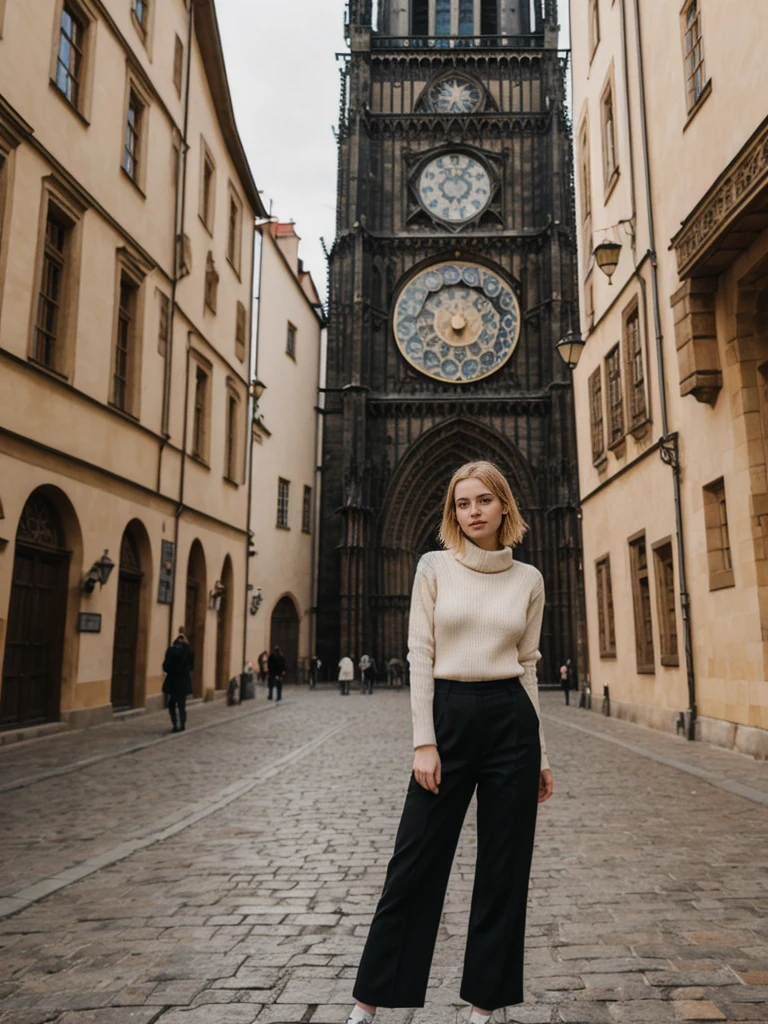 her name is Elle, high quality, 1girl, ((20-year-old fit Caucasian woman)), ((20 years old)), ((fit)), ((pale skin)), short bob blonde hair , wearing Cream Oversized Sweater Vest + High-Waisted Burgundy Plaid Culottes, pose: standing, background: Write about the magical view of Prague's Old Town Square at dusk, with its gothic spires, medieval astronomical clock, and the lively buzz of cafes and street performers.