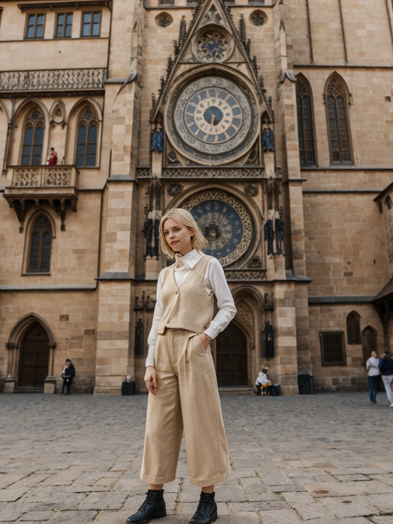 her name is Elle, high quality, 1girl, ((20-year-old fit Caucasian woman)), ((20 years old)), ((fit)), ((pale skin)), short bob blonde hair , wearing Cream Oversized Sweater Vest + High-Waisted Burgundy Plaid Culottes, pose: standing, background: Write about the magical view of Prague's Old Town Square at dusk, with its gothic spires, medieval astronomical clock, and the lively buzz of cafes and street performers.