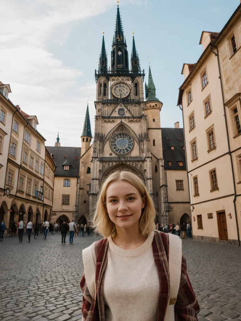 her name is Elle, high quality, 1girl, ((20-year-old fit Caucasian woman)), ((20 years old)), ((fit)), ((pale skin)), short bob blonde hair , wearing Cream Oversized Sweater Vest + High-Waisted Burgundy Plaid Culottes, pose: standing, background: Write about the magical view of Prague's Old Town Square at dusk, with its gothic spires, medieval astronomical clock, and the lively buzz of cafes and street performers.