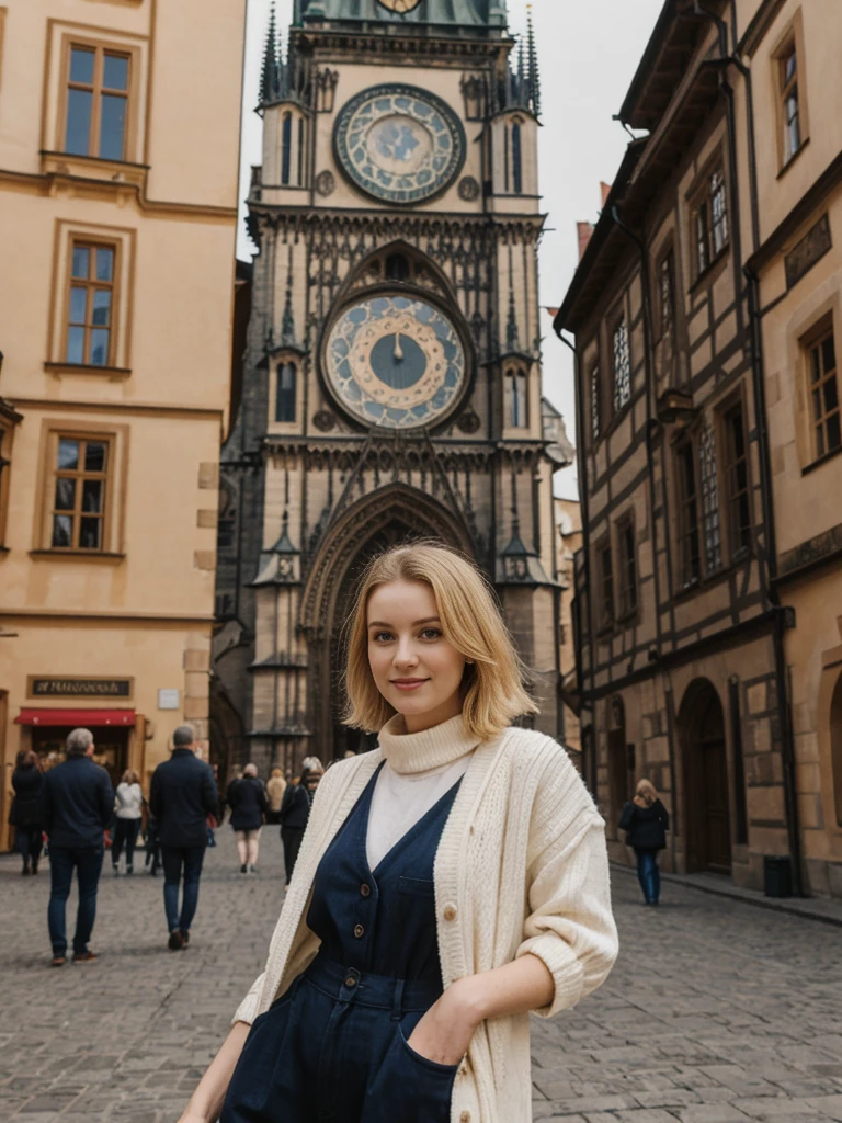 her name is Elle, high quality, 1girl, ((20-year-old fit Caucasian woman)), ((20 years old)), ((fit)), ((pale skin)), short bob blonde hair , wearing Cream Oversized Sweater Vest + High-Waisted Burgundy Plaid Culottes, pose: standing, background: Write about the magical view of Prague's Old Town Square at dusk, with its gothic spires, medieval astronomical clock, and the lively buzz of cafes and street performers.