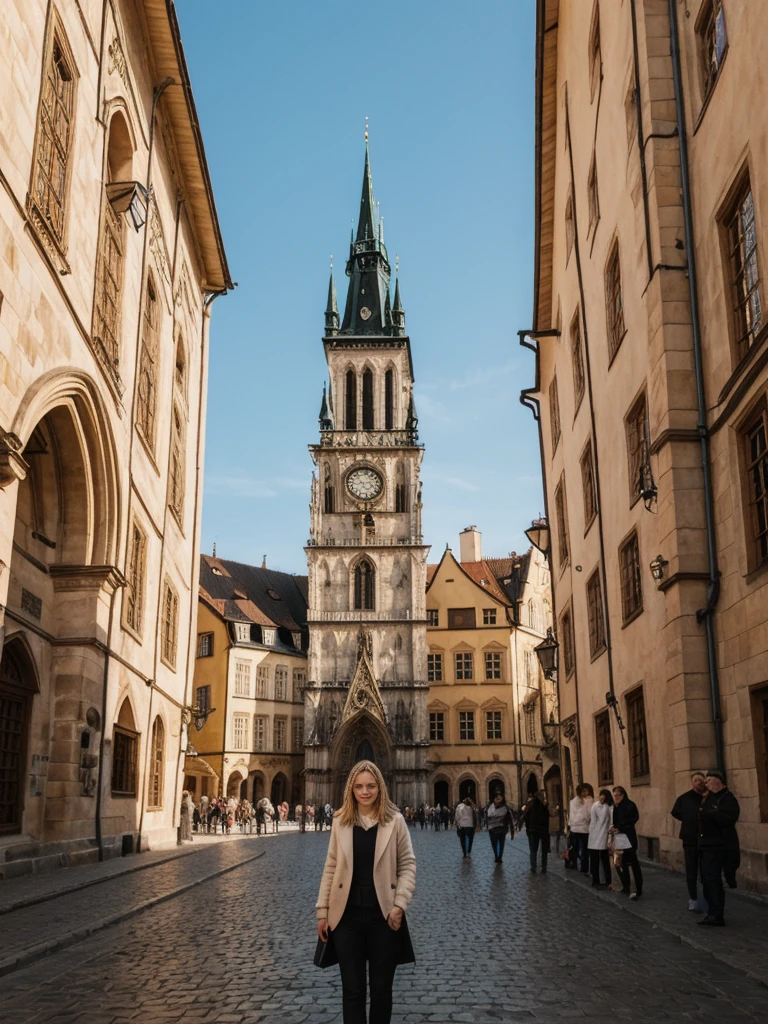 her name is Elle, high quality, 1girl, ((20-year-old fit Caucasian woman)), ((20 years old)), ((fit)), ((pale skin)), short bob blonde hair , wearing Cream Oversized Sweater Vest + High-Waisted Burgundy Plaid Culottes, pose: standing, background: Write about the magical view of Prague's Old Town Square at dusk, with its gothic spires, medieval astronomical clock, and the lively buzz of cafes and street performers.