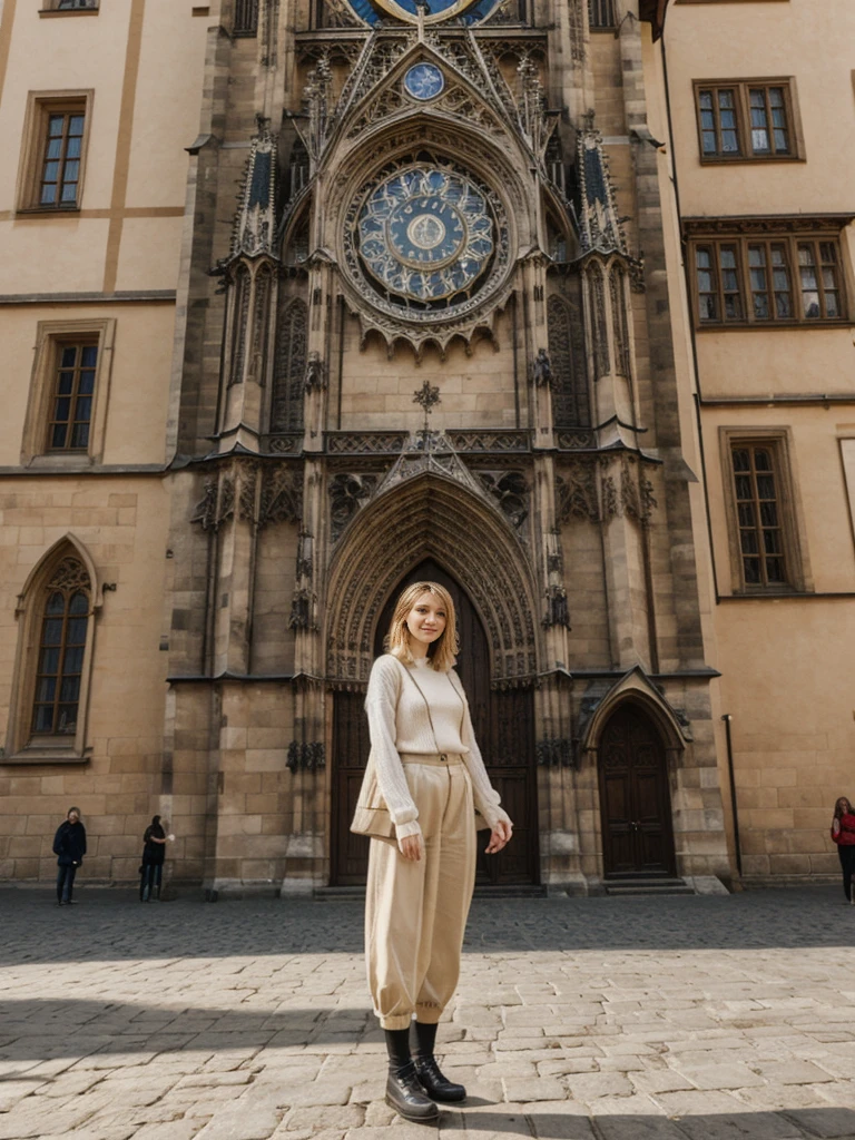 her name is Elle, high quality, 1girl, ((20-year-old fit Caucasian woman)), ((20 years old)), ((fit)), ((pale skin)), short bob blonde hair , wearing Cream Oversized Sweater Vest + High-Waisted Burgundy Plaid Culottes, pose: standing, background: Write about the magical view of Prague's Old Town Square at dusk, with its gothic spires, medieval astronomical clock, and the lively buzz of cafes and street performers.