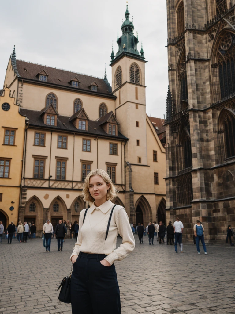 her name is Elle, high quality, 1girl, ((20-year-old fit Caucasian woman)), ((20 years old)), ((fit)), ((pale skin)), short bob blonde hair , wearing Cream Oversized Sweater Vest + High-Waisted Burgundy Plaid Culottes, pose: standing, background: Write about the magical view of Prague's Old Town Square at dusk, with its gothic spires, medieval astronomical clock, and the lively buzz of cafes and street performers.