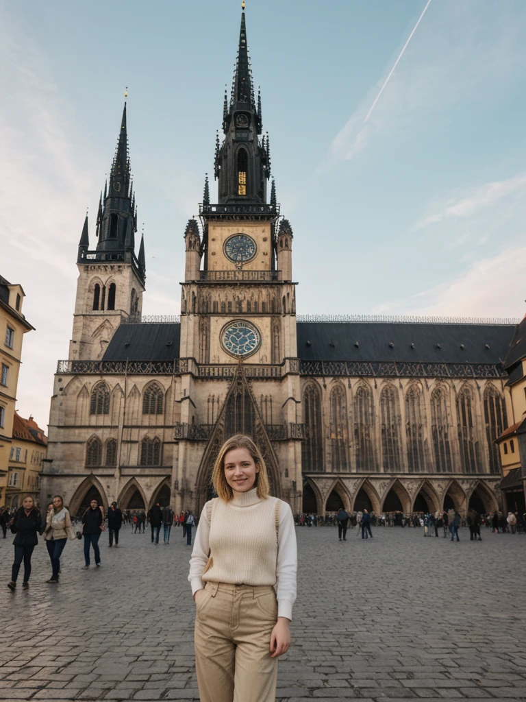 her name is Elle, high quality, 1girl, ((20-year-old fit Caucasian woman)), ((20 years old)), ((fit)), ((pale skin)), short bob blonde hair , wearing Cream Oversized Sweater Vest + High-Waisted Burgundy Plaid Culottes, pose: standing, background: Write about the magical view of Prague's Old Town Square at dusk, with its gothic spires, medieval astronomical clock, and the lively buzz of cafes and street performers.