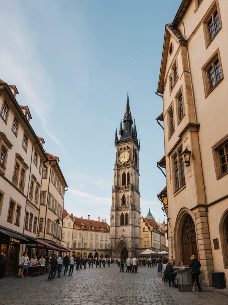 her name is Elle, high quality, 1girl, ((20-year-old fit Caucasian woman)), ((20 years old)), ((fit)), ((pale skin)), short bob blonde hair , wearing Cream Oversized Sweater Vest + High-Waisted Burgundy Plaid Culottes, pose: standing, background: Write about the magical view of Prague's Old Town Square at dusk, with its gothic spires, medieval astronomical clock, and the lively buzz of cafes and street performers.