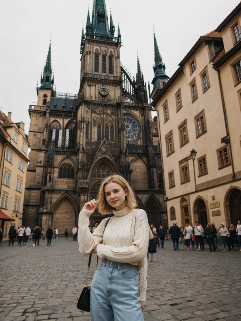her name is Elle, high quality, 1girl, ((20-year-old fit Caucasian woman)), ((20 years old)), ((fit)), ((pale skin)), short bob blonde hair , wearing Cream Oversized Sweater Vest + High-Waisted Burgundy Plaid Culottes, pose: standing, background: Write about the magical view of Prague's Old Town Square at dusk, with its gothic spires, medieval astronomical clock, and the lively buzz of cafes and street performers.