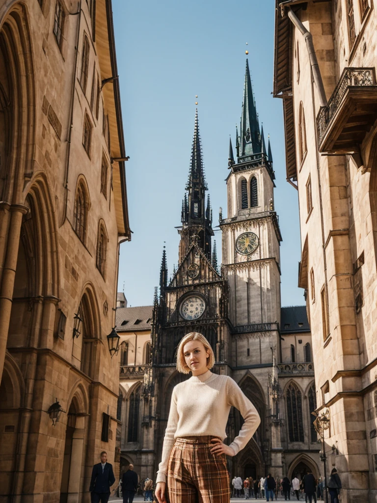 her name is Elle, high quality, 1girl, ((20-year-old fit Caucasian woman)), ((20 years old)), ((fit)), ((pale skin)), short bob blonde hair , wearing Cream Oversized Sweater Vest + High-Waisted Burgundy Plaid Culottes, pose: standing, background: Write about the magical view of Prague's Old Town Square at dusk, with its gothic spires, medieval astronomical clock, and the lively buzz of cafes and street performers.