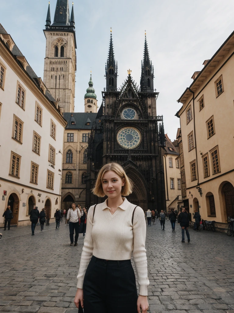 her name is Elle, high quality, 1girl, ((20-year-old fit Caucasian woman)), ((20 years old)), ((fit)), ((pale skin)), short bob blonde hair , wearing Cream Oversized Sweater Vest + High-Waisted Burgundy Plaid Culottes, pose: standing, background: Write about the magical view of Prague's Old Town Square at dusk, with its gothic spires, medieval astronomical clock, and the lively buzz of cafes and street performers.
