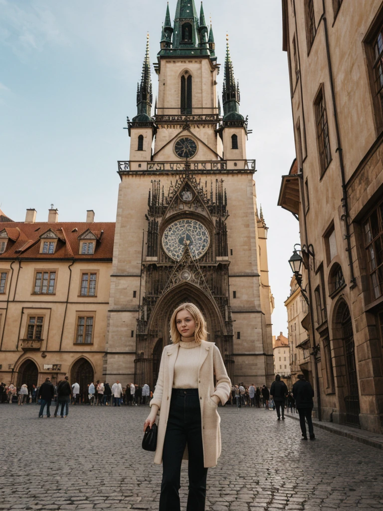 her name is Elle, high quality, 1girl, ((20-year-old fit Caucasian woman)), ((20 years old)), ((fit)), ((pale skin)), short bob blonde hair , wearing Cream Oversized Sweater Vest + High-Waisted Burgundy Plaid Culottes, pose: standing, background: Write about the magical view of Prague's Old Town Square at dusk, with its gothic spires, medieval astronomical clock, and the lively buzz of cafes and street performers.