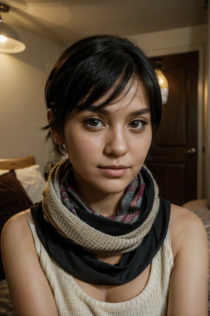 woman with a scarf on round the neck sitting on a bed, 30 years old woman, selfie photograph, with cute face, pretty, fair face, black short hair, room lighting, depth of field, masterpiece, photo-realistic, super detail, bedroom in background
