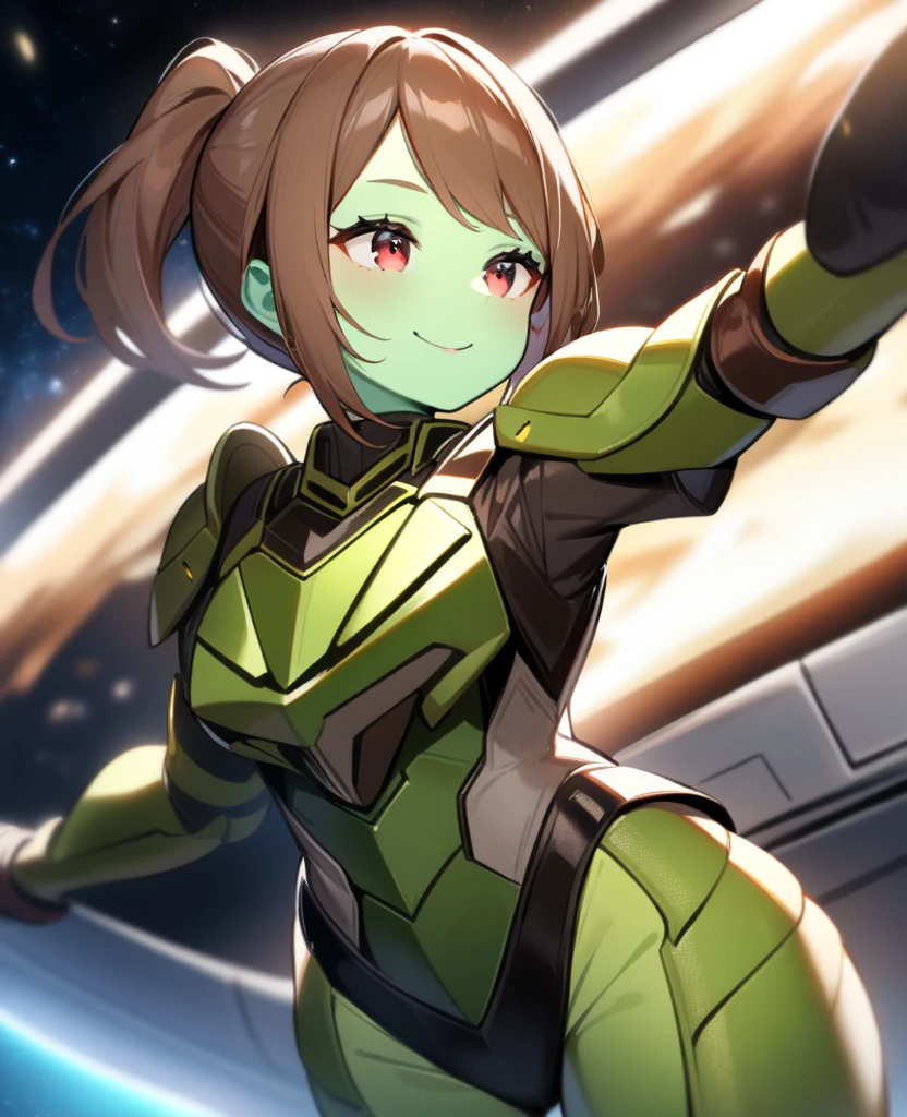 1girl,solo,red eyes,((brown hair:1.5)), mismatched armor, green power armor,ponytail,((light green skin)),cowboy shot,in space ship,zero gravity,Science fiction,ultra-detailed,sharp focus,aesthetic,(best quality) smiling,