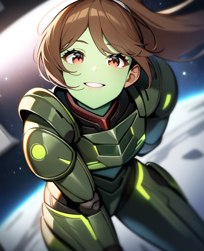 1girl,solo,red eyes,((brown hair:1.5)), mismatched armor, green power armor,ponytail,((light green skin)),cowboy shot,in space ship,zero gravity,Science fiction,ultra-detailed,sharp focus,aesthetic,(best quality) smiling,