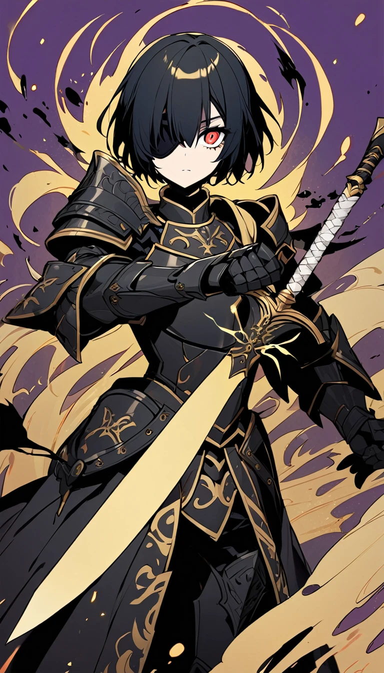1 girl, Black medieval style armor with gold trim, insert white cover, without helmet, short black hair, insert eye patch over left eye, blood red eye, holding his silver-colored sword with engravings on the dark-colored blade, emanating a dark blue aura from his sword, purple background with yellow tones.