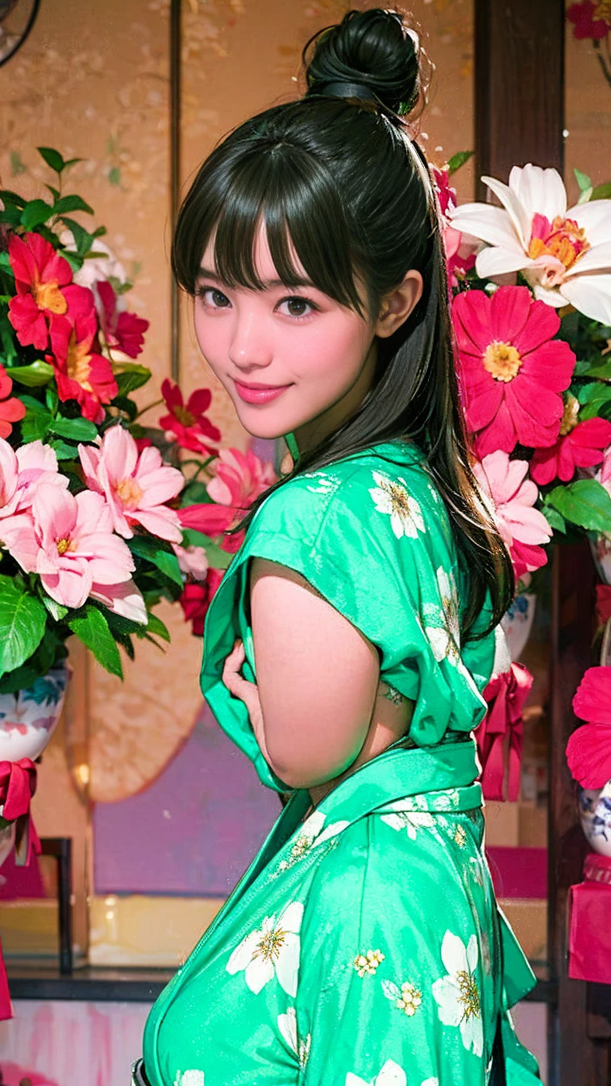 ((masterpiece)),(((Highest quality))),((Character design sheet)),Floral Japan yukata:1.5，Stylish sandals:1.5，The best smile:1.5，Upper Body Shot:1.5，Night fireworks background:1.5，Flashy makeup with red eyeshadow:1.5，Bun Hair:1.5，Model pose，Floral and botanical background:1.5，