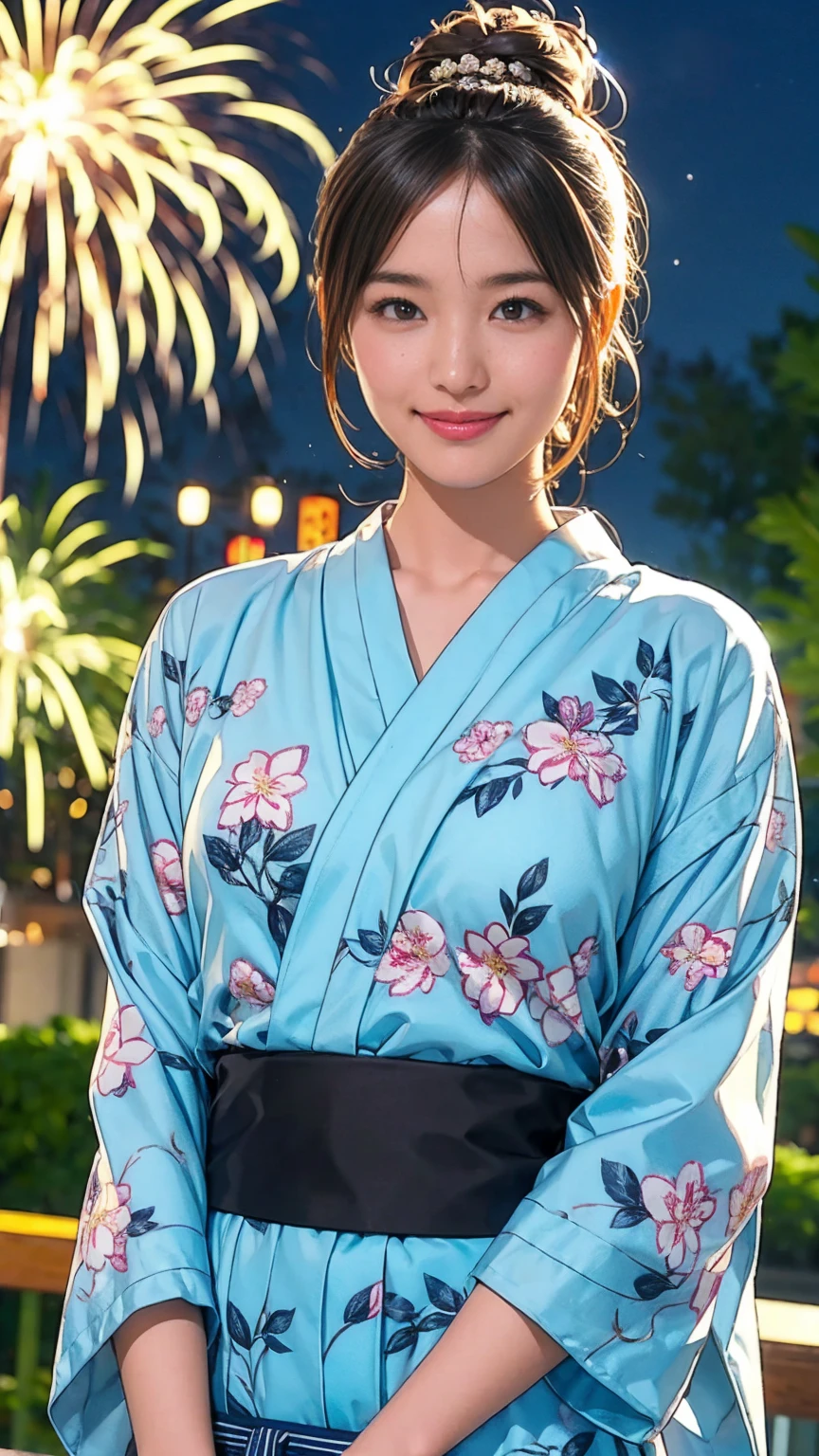((masterpiece)),(((Highest quality))),((Character design sheet)),Floral Japan yukata:1.5,Stylish sandals:1.5,The best smile:1.5,Upper Body Shot:1.5,Night fireworks background:1.5,Flashy makeup with red eyeshadow:1.5,Bun Hair:1.5,Model pose,Floral and botanical background:1.5,