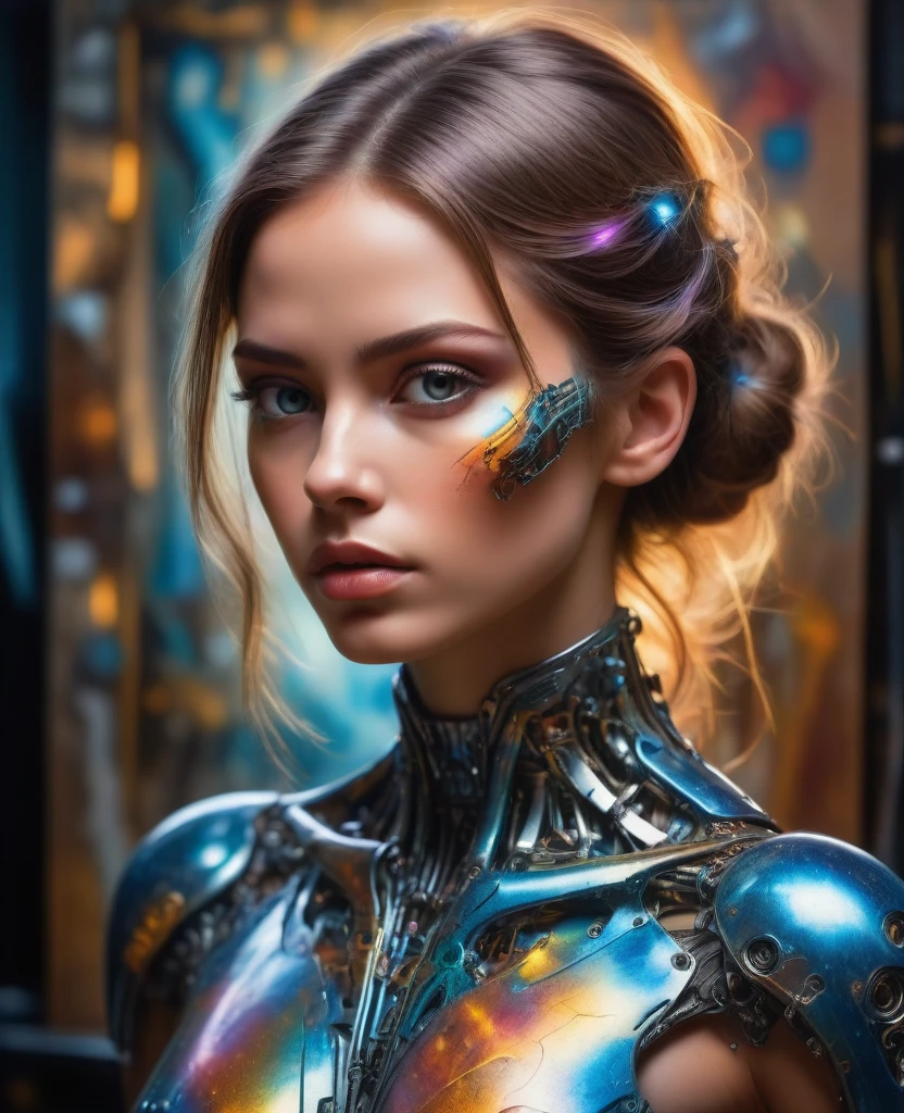 A cyborg girl stands in the center of a large bright studio and is engaged in creating her self-portrait on canvas. She is depicted in all her majestic beauty and elegance. Her metallic skin reflects the light, creating a play of hues and highlights like an expensive piece of jewelry.
Her long metal hair frames her face, giving her a mysterious and alluring look. Her bright eyes, in which light shimmers, stare straight ahead with confidence and the strain of creative inspiration.
The cyborg girl is depicted in a graceful pose, showing off her grace and strength as well as the fine workings of her mechanical limbs. Her hands hold brushes and are immersed in the creative process of creating a stunning work of art.
The outline of the self-portrait she is creating with oil paints is already outlined on the canvas. The drawing begins to come to life under her dexterous fingers, gaining depth and volume, and the coating of color fills the canvas with bright hues and rich colors.
This entire moment is captured in a gorgeous and amazing scenario that combines the beauty of art, power and technological advancement to make the cyborg girl a unique and inspiring image. beautiful shiny smooth, high quality, best quality, absurdres, masterpiece, beautiful, intricate details, 1/2 body crop, slim body, beautiful figure, magnificent anatomy, (intricate details:1.12), HDR, (intricate details, hyper-detailing:1.15), (natural skin textures, hyper realisitc, soft light, Sharp:1.2)