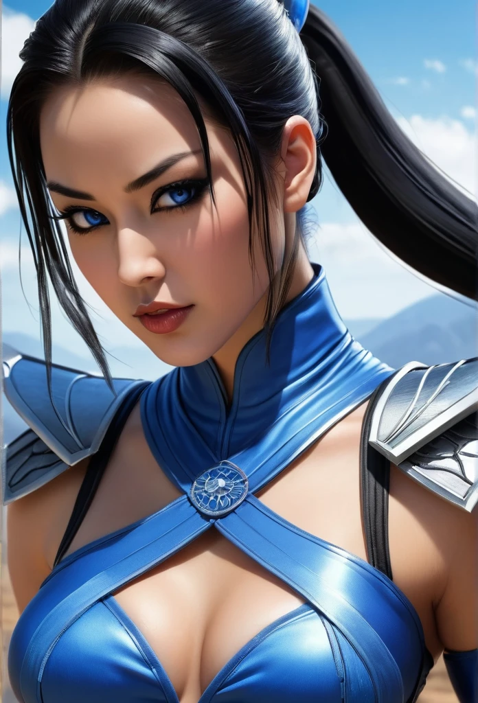 /imagine prompt: Kitana game Mortal Kombat::3, wearing a blue leotard, mouth mask, black eyes, long black hair, ponytail, alone, sun, blue sky, extremely detailed and beautiful, with fans in her hands with knives in them tips :: --quality .5 8K, best quality, Artwork, illustration, extremely delicate and beautiful, Very detailed, CG, wallpaper, (real, photo-real: 1.37), incredible, science fiction, exquisite details , electroplated silver
best quality, realistic, photorealistic, (intricate details: 1,2), (delicate detailed), (cinematic light), clear line, sharp focus, realistic face, detailed face
Unity 8k wallpaper, ultra-high resolution, (photorealistic: 1.4), looking at the viewer